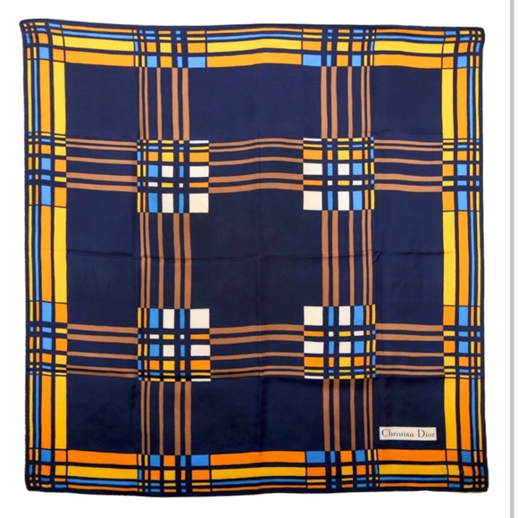 Dior Blue and Yellow Plaid 100% Silk Scarf - Picture 5 of 7